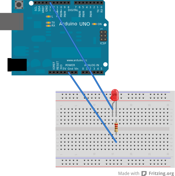 Picture of the Blinky breadboard connected to an Arduino